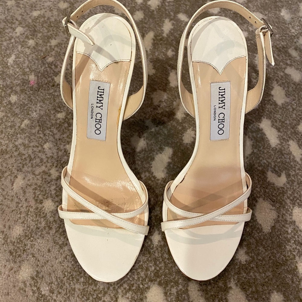 Jimmy Choo white patent leather strappy heels